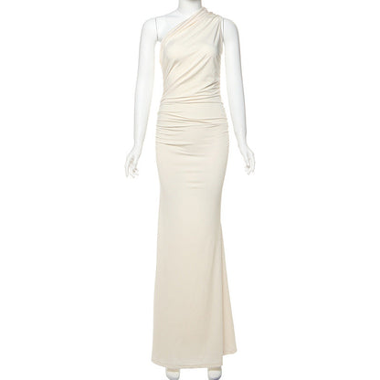 Elegant Oblique Shoulder Single Shoulder Solid Color Slim Slimming Dress