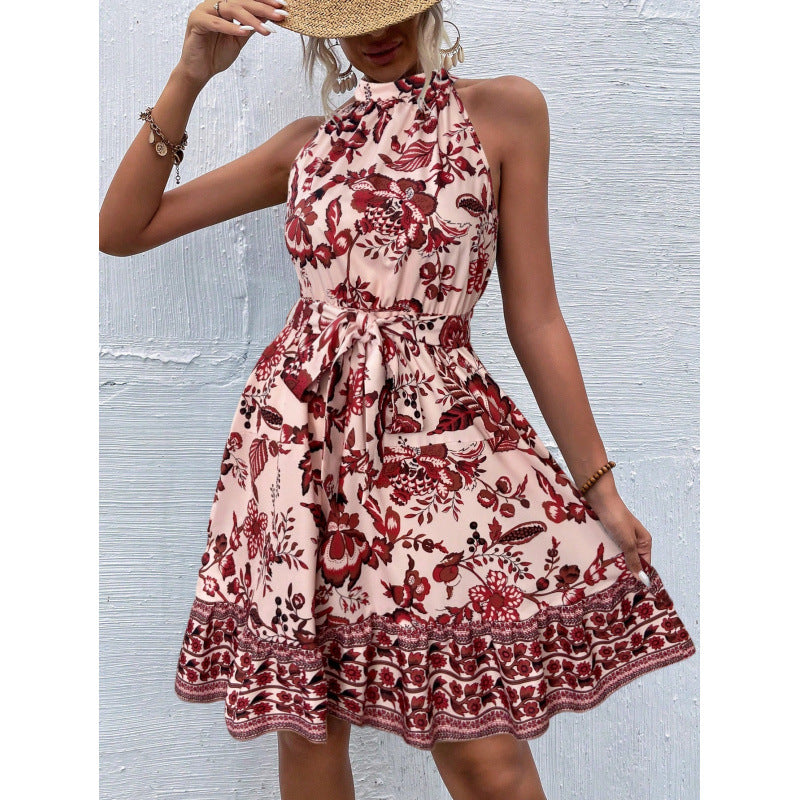 Floral Print Halter Tie-Waist Ruffled Scalloped Hem Mini Dress