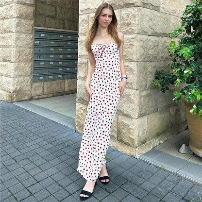 Ditsy Floral Print Spaghetti Strap Sweetheart Ruffle Trim Slip Maxi Dress