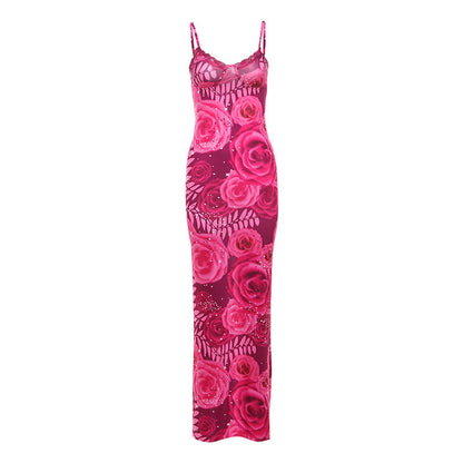 Slim Fit Backless Lace V neck Strap Printed