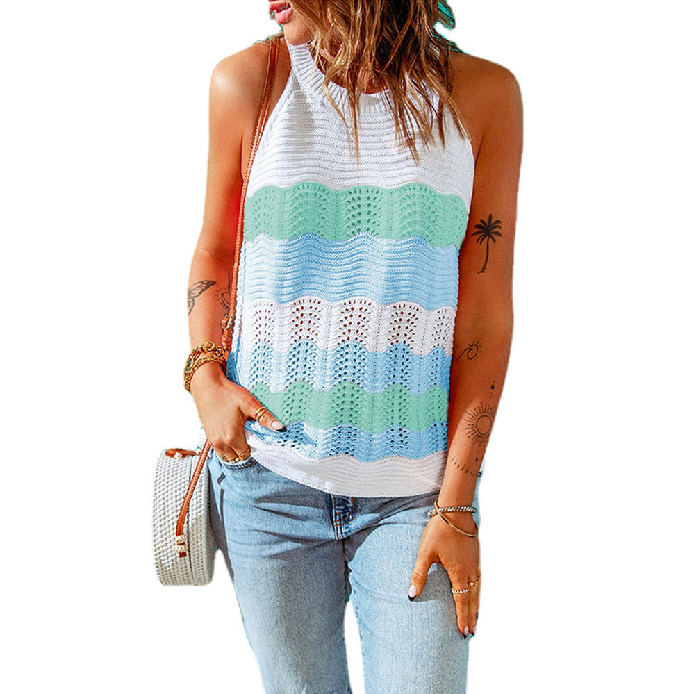 Women's Sleeveless Knit Top – Colorful Wave Pattern Casual Summer Tank