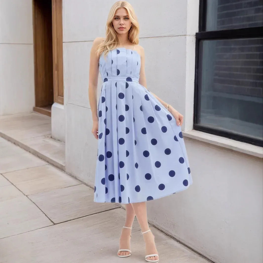 Women Polka Dot Strapless Midi Dress Summer