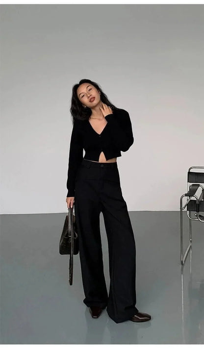 Black High-Waist Straight-Leg Suit Trousers