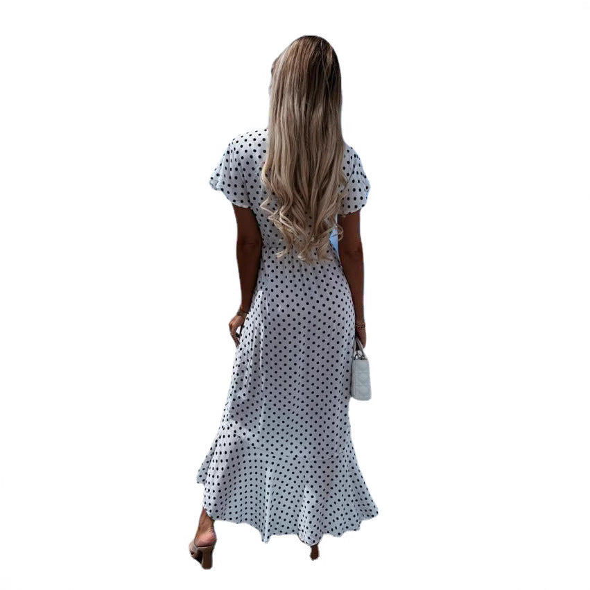 Polka Dot Print Surplice V-Neck Flutter Sleeve Asymmetrical Ruffle Hem Wrap Midi Dress