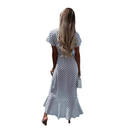 Polka Dot Print Surplice V-Neck Flutter Sleeve Asymmetrical Ruffle Hem Wrap Midi Dress