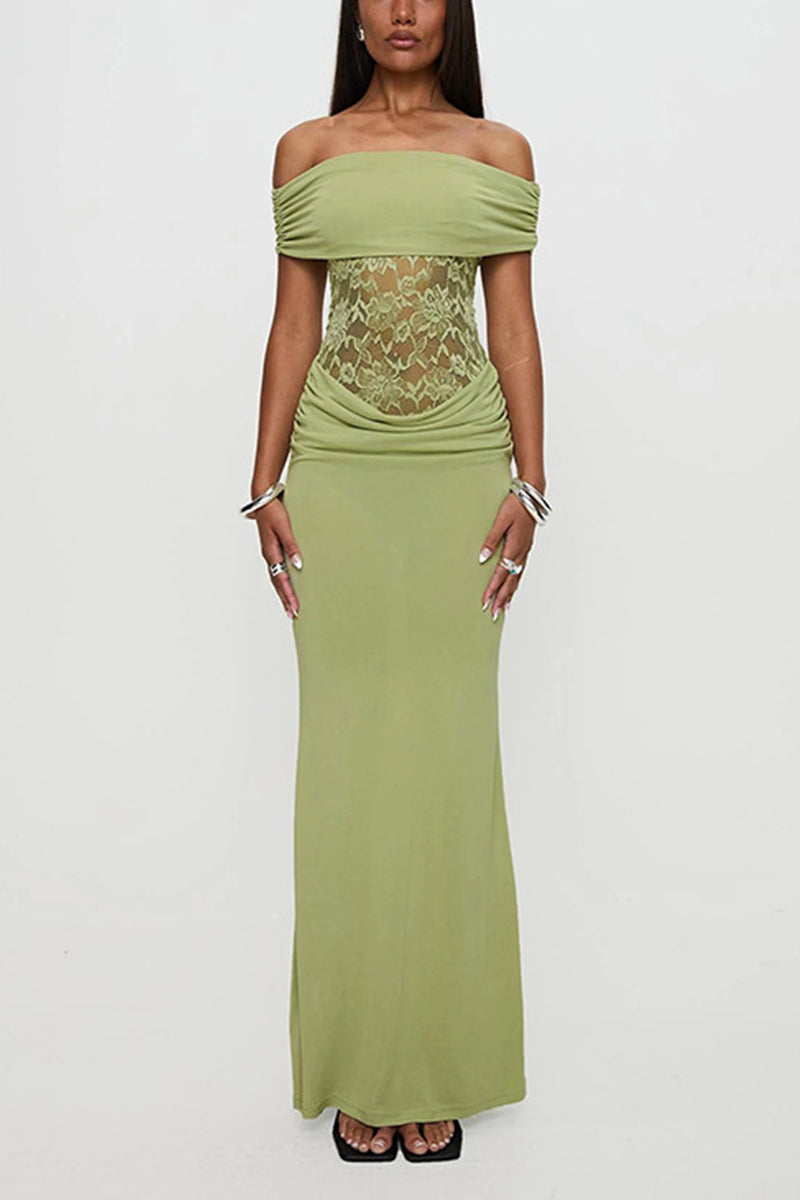 Women's Spring/Summer New Solid Color Off Shoulder Splicing Lace Extra Long Slimming Dress