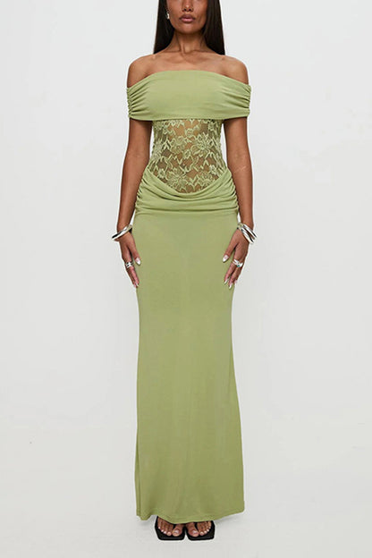 Women's Spring/Summer New Solid Color Off Shoulder Splicing Lace Extra Long Slimming Dress