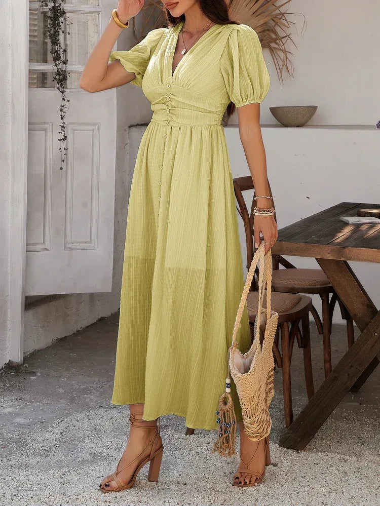 v-neck button-front puff sleeve midi yellow dress