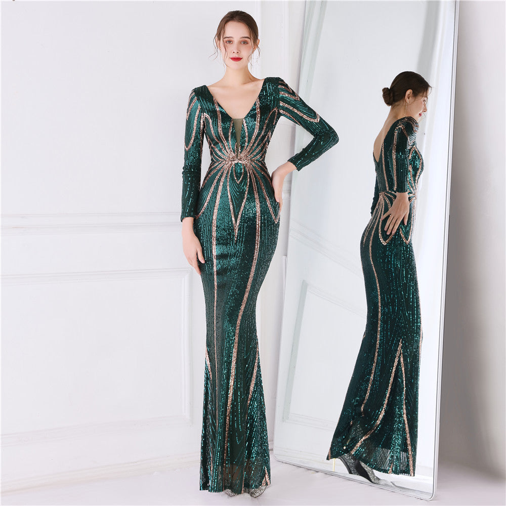 Positioning Floral Sequin Evening Banquet Elegant Long Sleeve Sequined Queen Fishtail Dress