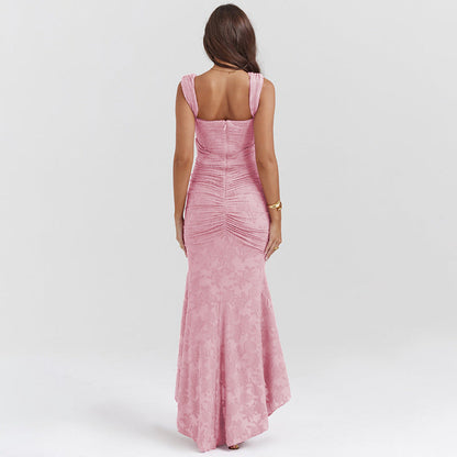 Square Neck Corset Ruched Jacquard High-Low Ruffle Maxi Dress