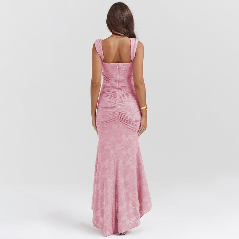 Floral Jacquard Off-Shoulder Corset Ruched High-Low Mermaid Maxi Gown