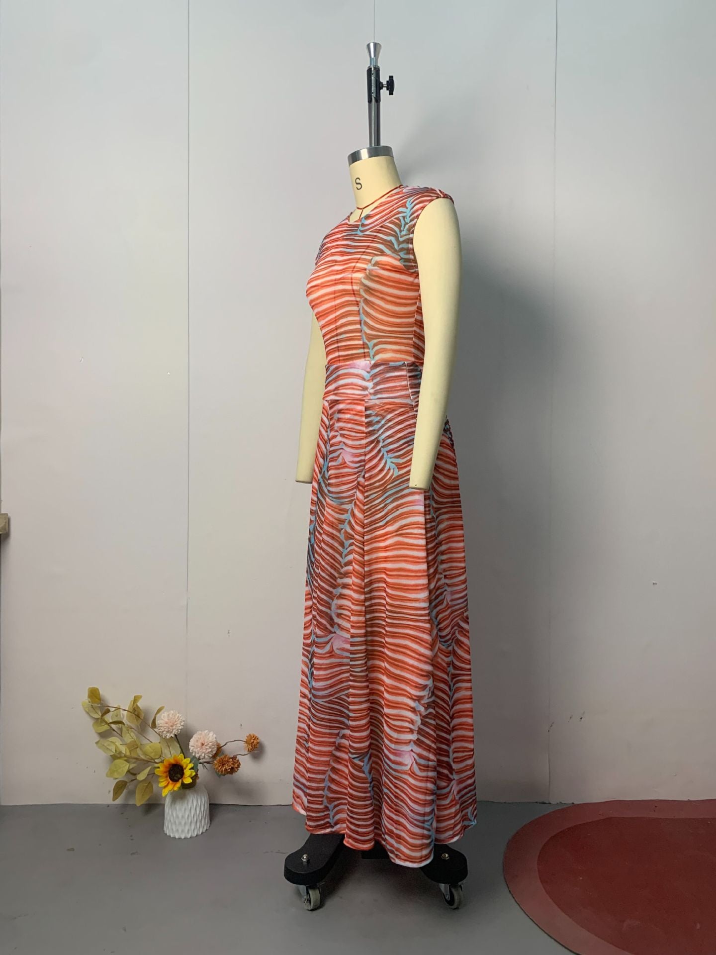 Bella Stretch Mesh Unique Print Bodysuit and High Rise Elastic Waist Maxi Skirt Set