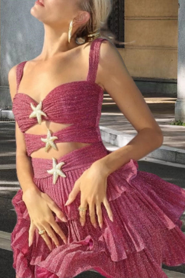 Little Mermaid Glitter Fabric Metal Starfish Hollow Layered Stretch One-piece Swimsuit