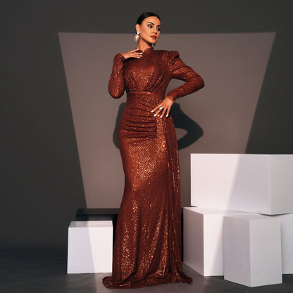 Evening Dress Long Sleeve Crew Neck Slim Long Sequined Cocktail Bridesmaid Dress