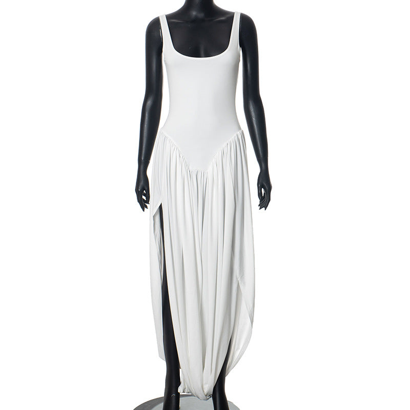 Scoop Neck Sleeveless High Slit Gathered Hem Draped Maxi Dress