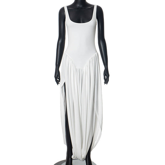Scoop Neck Sleeveless High Slit Gathered Hem Draped Maxi Dress