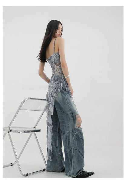 Vintage Distressed And Dirt-Dyed Patchwork Wide-Leg Jeans
