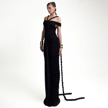 Elegant Graceful Off Neck Braid Pleated High Waist Figure Flattering Sheath