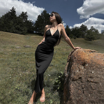 Halter Deep V-Neck Bodycon Maxi Dress
