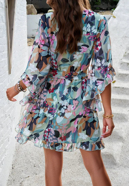 Ruffle Floral Wrap Mini Dress Boho Summer Dress