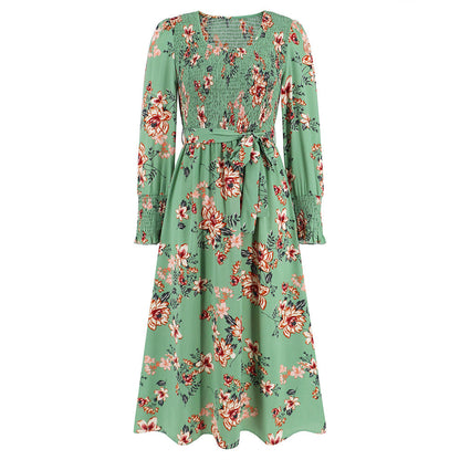 Fall Retro Long Sleeve Smocking Floral Mid Length round Neck Dress Popular