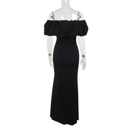 off the Shoulder Pleated Slit Formal Dress Long dress Socialite Slim Fit Slit