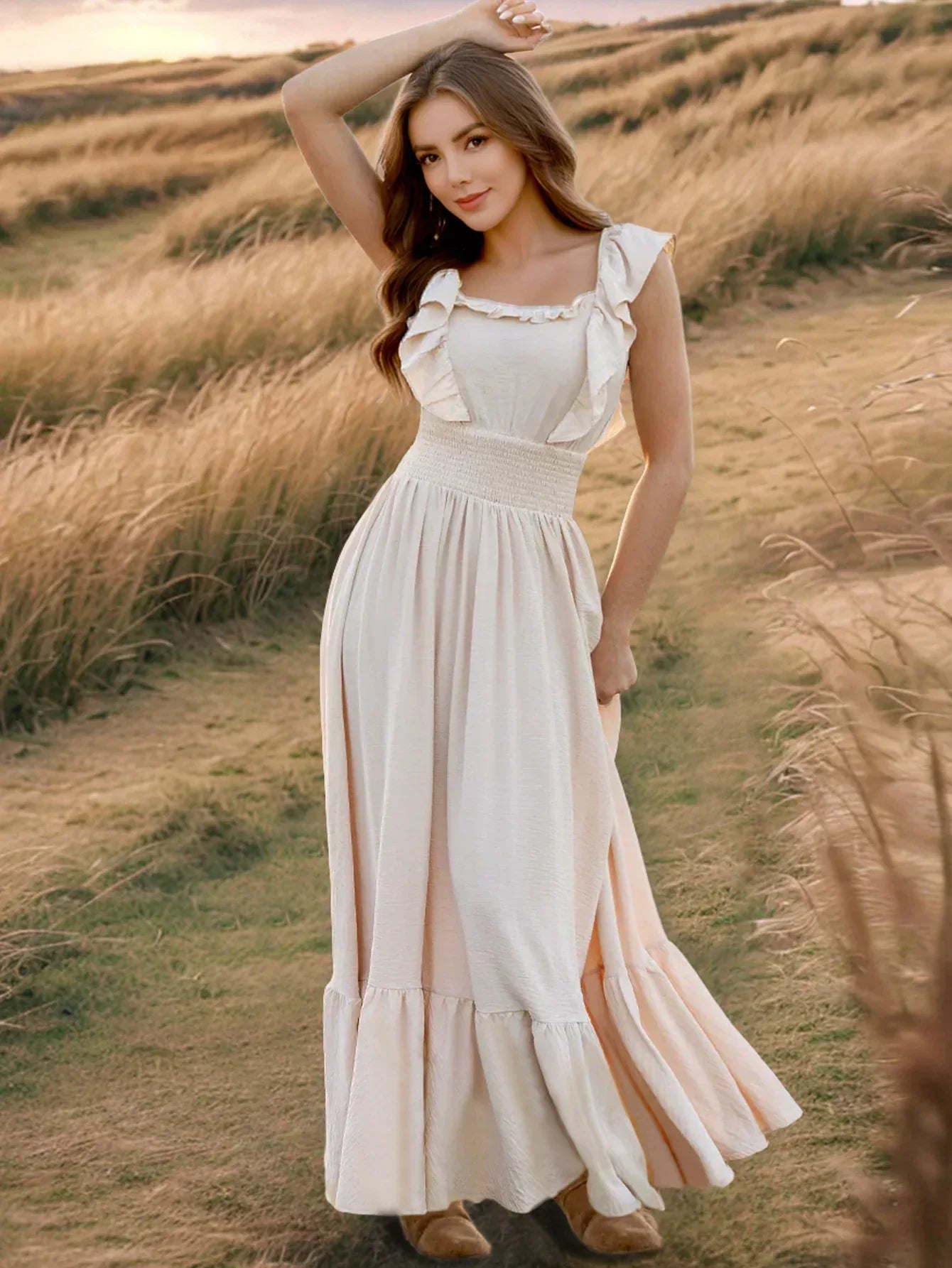 Beige Maxi Dress for Petite Women with Ruffle Sleeves