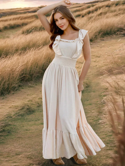 Beige Maxi Dress for Petite Women with Ruffle Sleeves