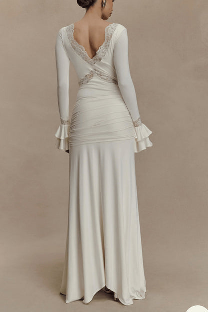 Fashion Lace Splicing Sexy V-neck Long-sleeved Slim Maxi Dress
