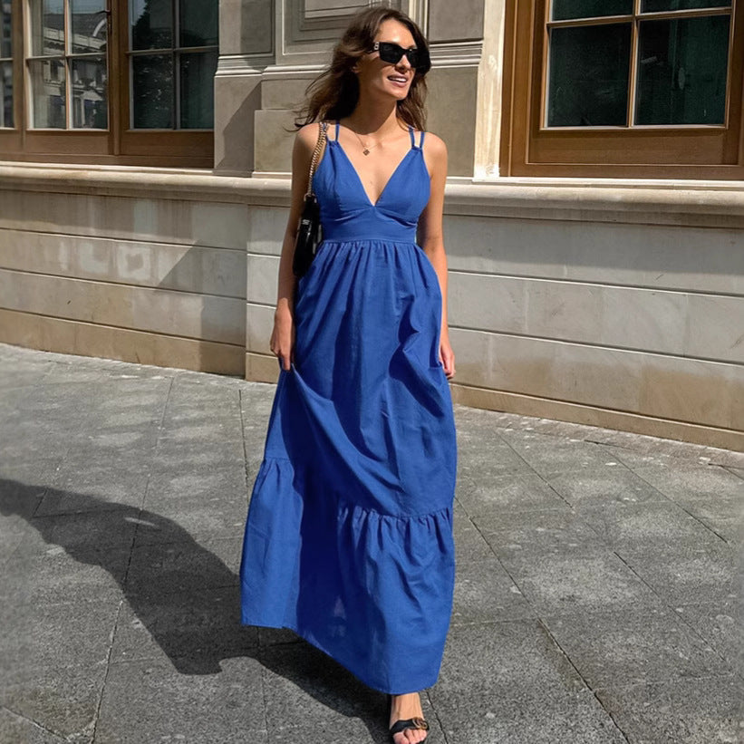 Spaghetti Strap Deep V-Neck Tiered Ruffle Hem Maxi Dress