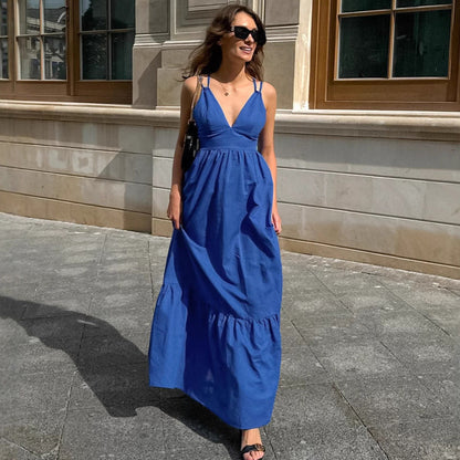 Spaghetti Strap Deep V-Neck Tiered Ruffle Hem Maxi Dress
