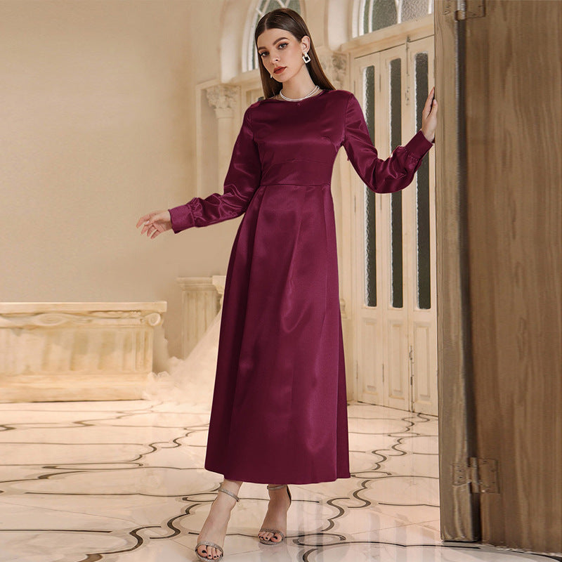 Round Neck Long Sleeve Satin A-Line Maxi Dress
