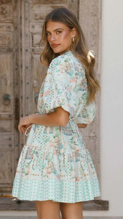 Linen floral print waist tie short dress