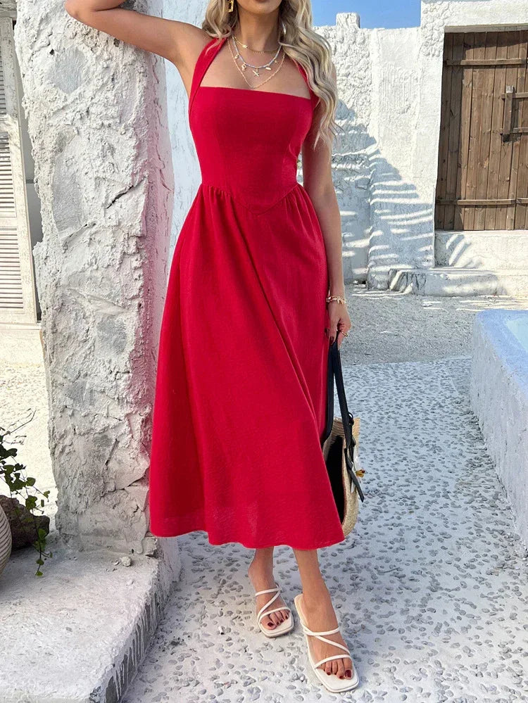Red Maxi Dress with Halter Neckline and Backless Fit