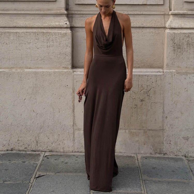 Halter Cowl Neck Open Back Draped Satin Column Maxi Dress