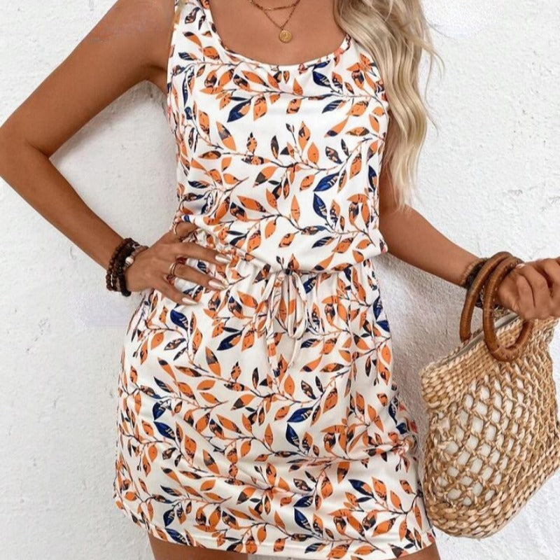 Botanical Print Scoop Neck Drawstring Waist Sleeveless Mini Dress