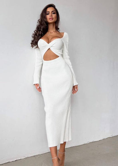 Rib Knit Twist Front Midriff Cutout Long Sleeve Bodycon Maxi Dress
