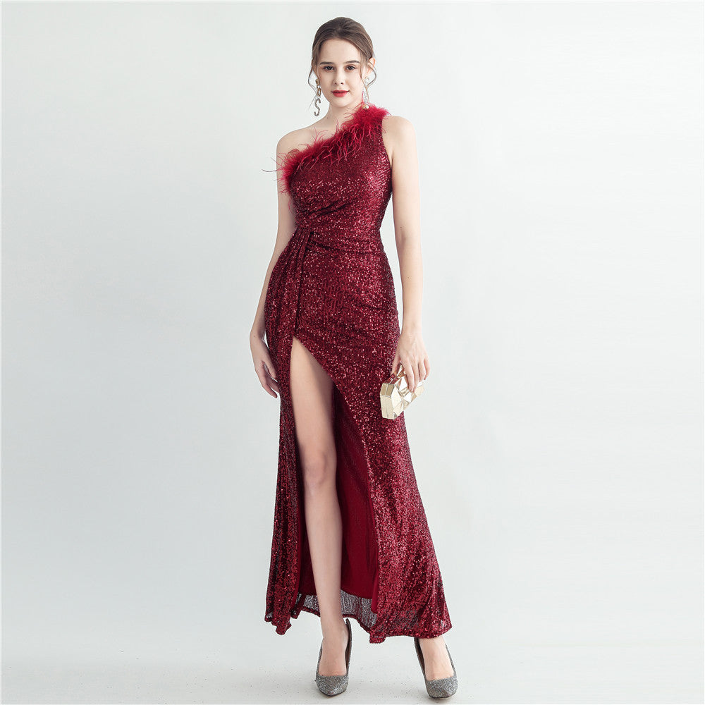HNailed Ostrich Feather Off Shoulder Roman Collar High End Sequined Evening Dress