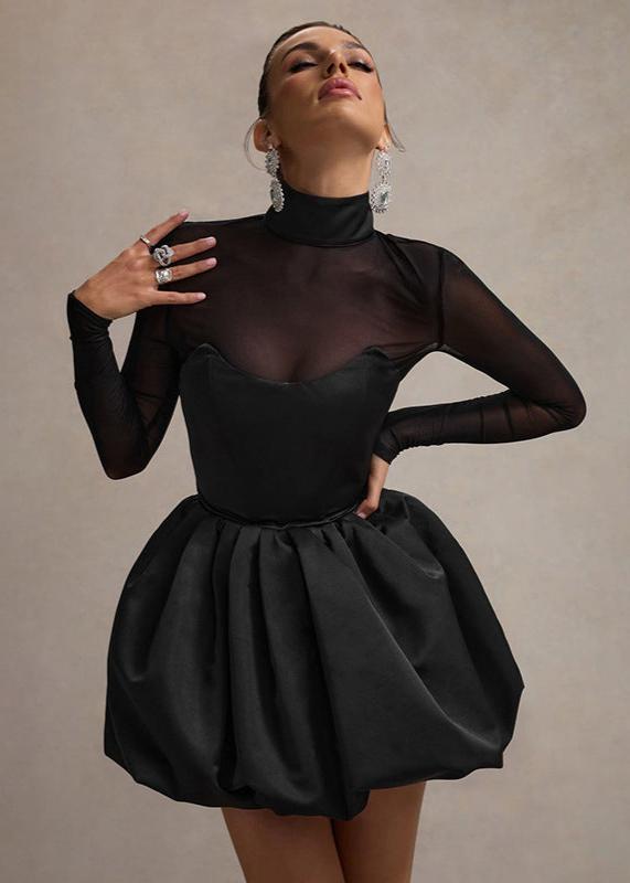 Mock Neck Sheer Sleeve Sweetheart Bubble Hem Mini Dress