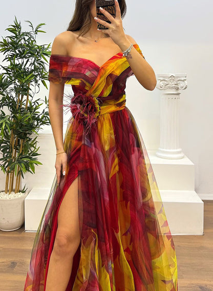 Fairy Flower Feather Pendant Elegant Fallen Fold Off Shoulder Party Split Design Long Dress