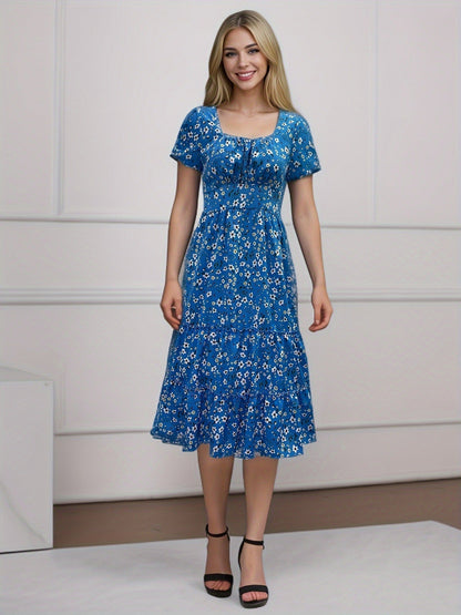 Ditsy Floral Print Square Neck Puff Sleeve Tiered Ruffle Hem Midi Dress