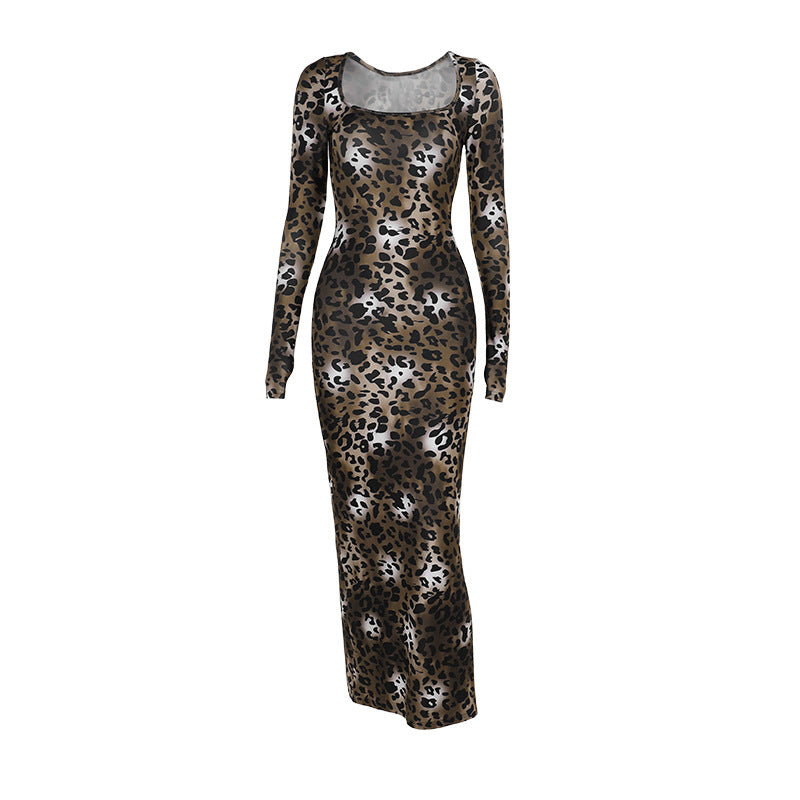 Leopard Print Basic Square Collar Long Sleeve SocialiteElegant Sheath Dress