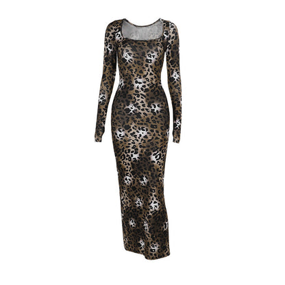 Leopard Print Basic Square Collar Long Sleeve SocialiteElegant Sheath Dress