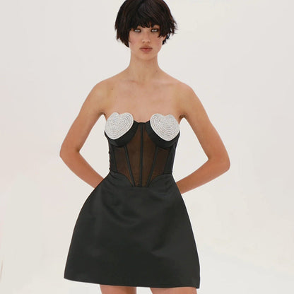 Peach Heart Drilling a Swing Strapless Dress Mesh See through Backless Dress