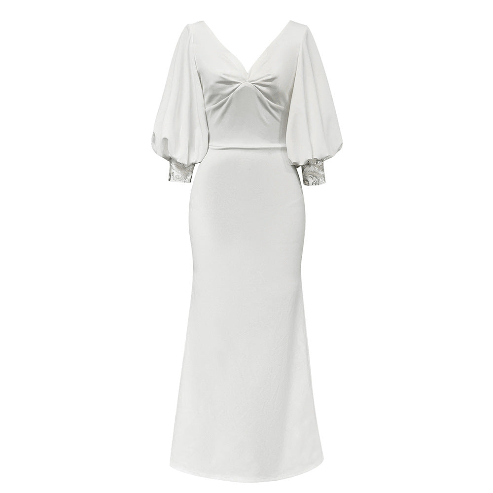 Dress Simple White V Collar Short Puff Sleeve Slim Fit Cocktail Dress
