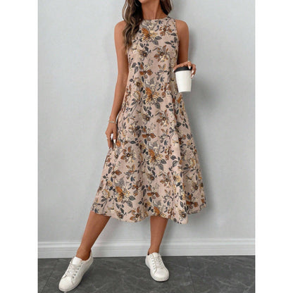 Floral Print Crew Neck Sleeveless A-Line Midi Dress