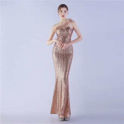 Craft Order Ostrich Feather Single Shoulder Diagonal Collar High Density Sequin High End Evening Dress