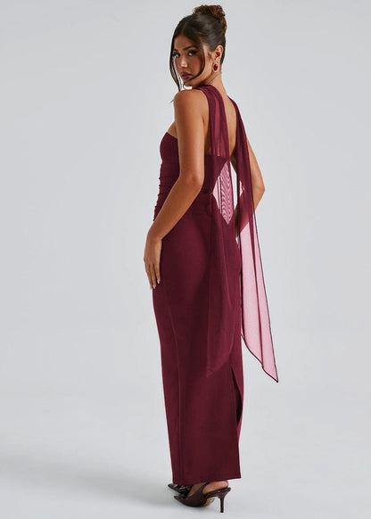 Strapless Horizontal Ruched Band Neck Scarf Detail Bodycon Maxi Dress