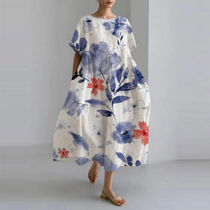 Blossom Print Crew Neck Gathered Waist Pocket Midi Dress