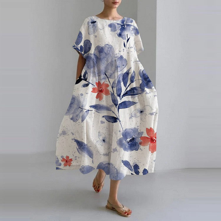 Watercolor Floral Print Tent Sleeve Loose Flowy Maxi Dress
